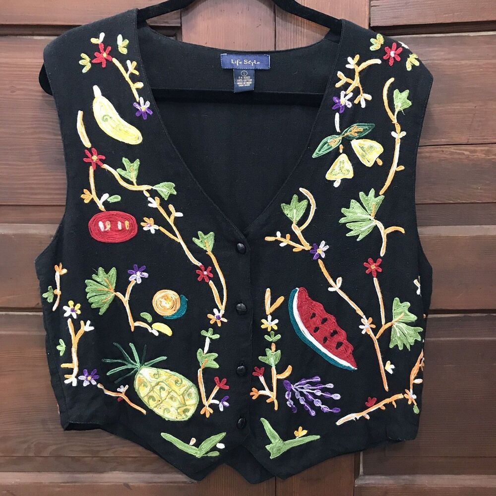 Life Style Vest Women Large Black Fruit Floral Embroidered Cotton Artsy Chic